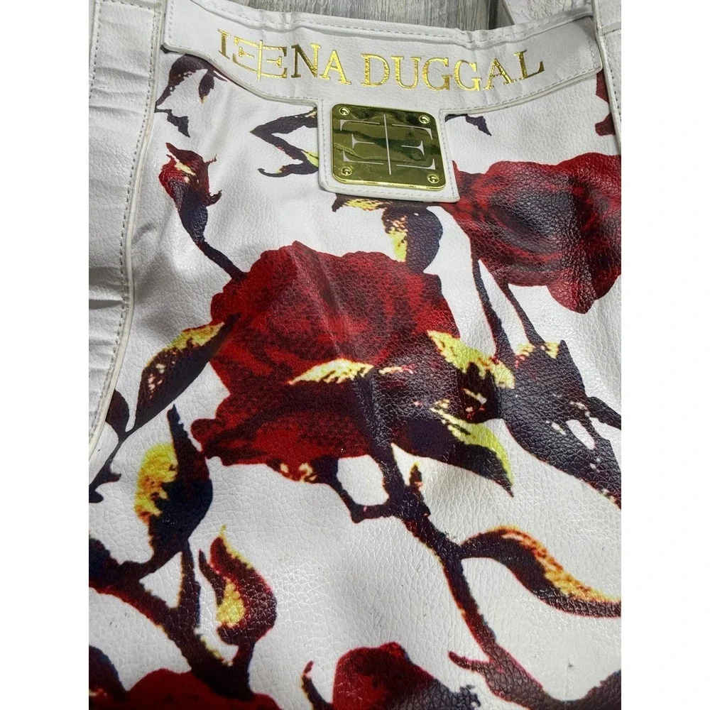 Ieena Duggal White Red Rose Floral Tote Bag Large Gold Hardware Shoulder Bag